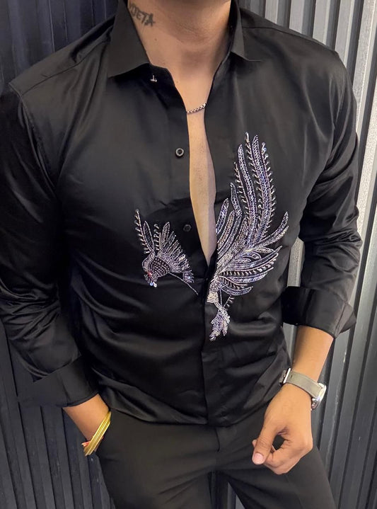 Premium Black Embroidered Satin Cotton Shirt for Men – Party & Club Wear | Luxe Occasion Shirt