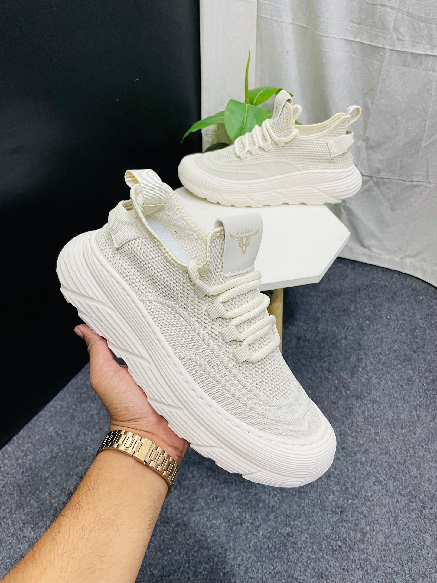 Trendy Off White Knitted Sneakers with Textured Sole - Branded Baba