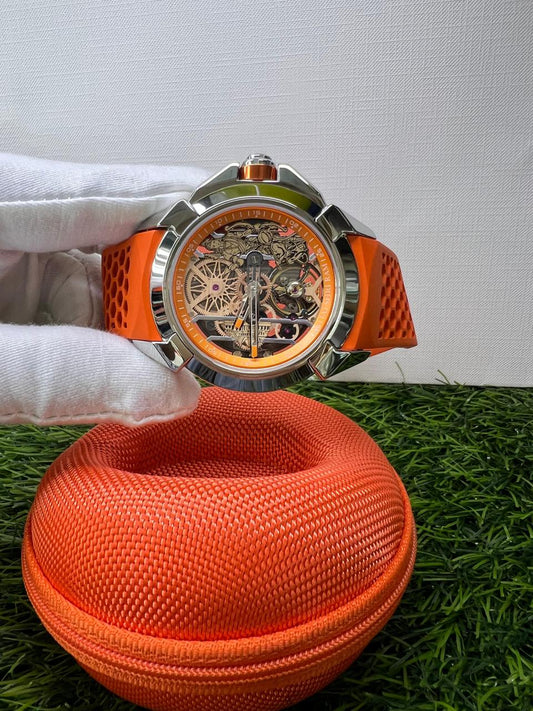 Shri Ram Limited Edition Mechanical Skeleton Watch with Orange Silicone Strap