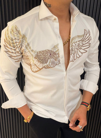 Gold Tiger Rhinestone Shirt for Men – Luxury Slim Fit Party Wear