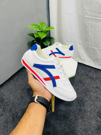 Women White With Blue Red Stripe Outdoor Flat Sole Lace-Up Comfortable Anti-Slip Patchwork Low-Top Running Shoes
