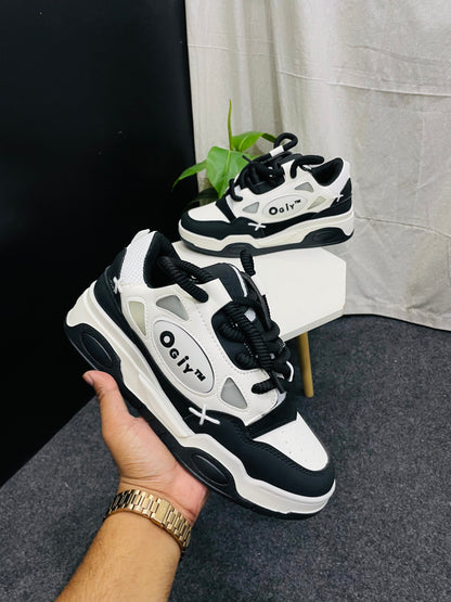 Ogiy™ Black and White Chunky Sole Sneakers – Modern and Stylish