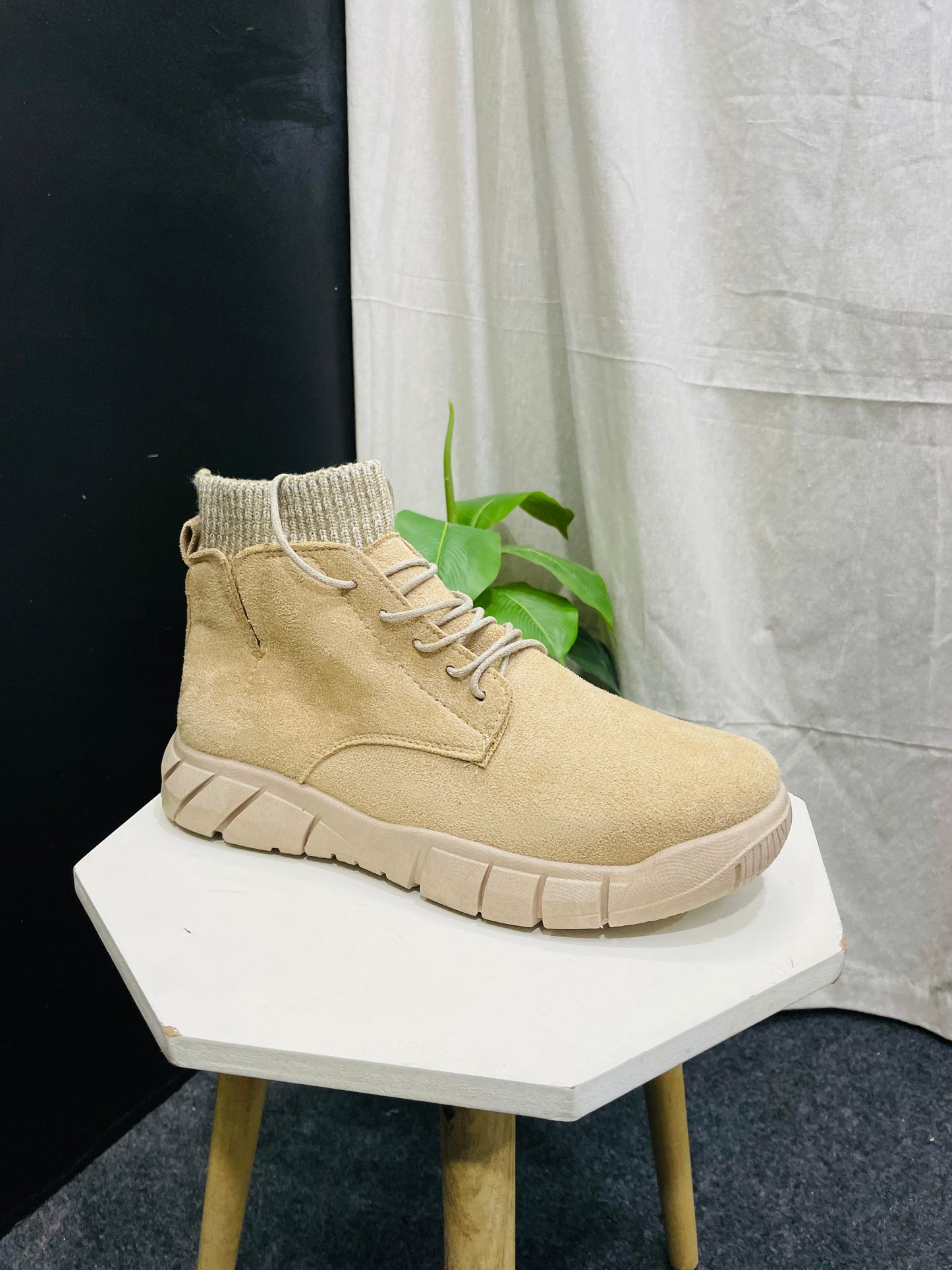 Beige High-Top Sneakers with Knitted Ankle Cuff – Branded Baba