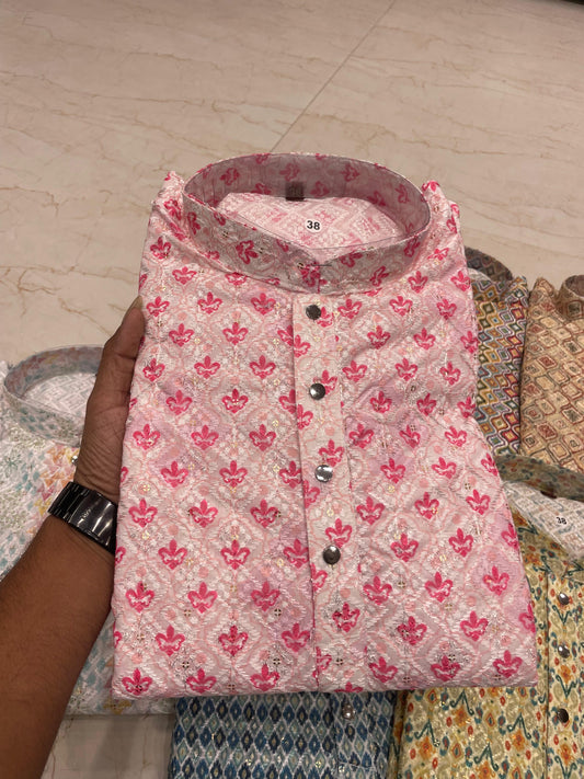 Pink and White Floral Pattern Kurta pyjama Set with Mandarin Collar – Branded Baba