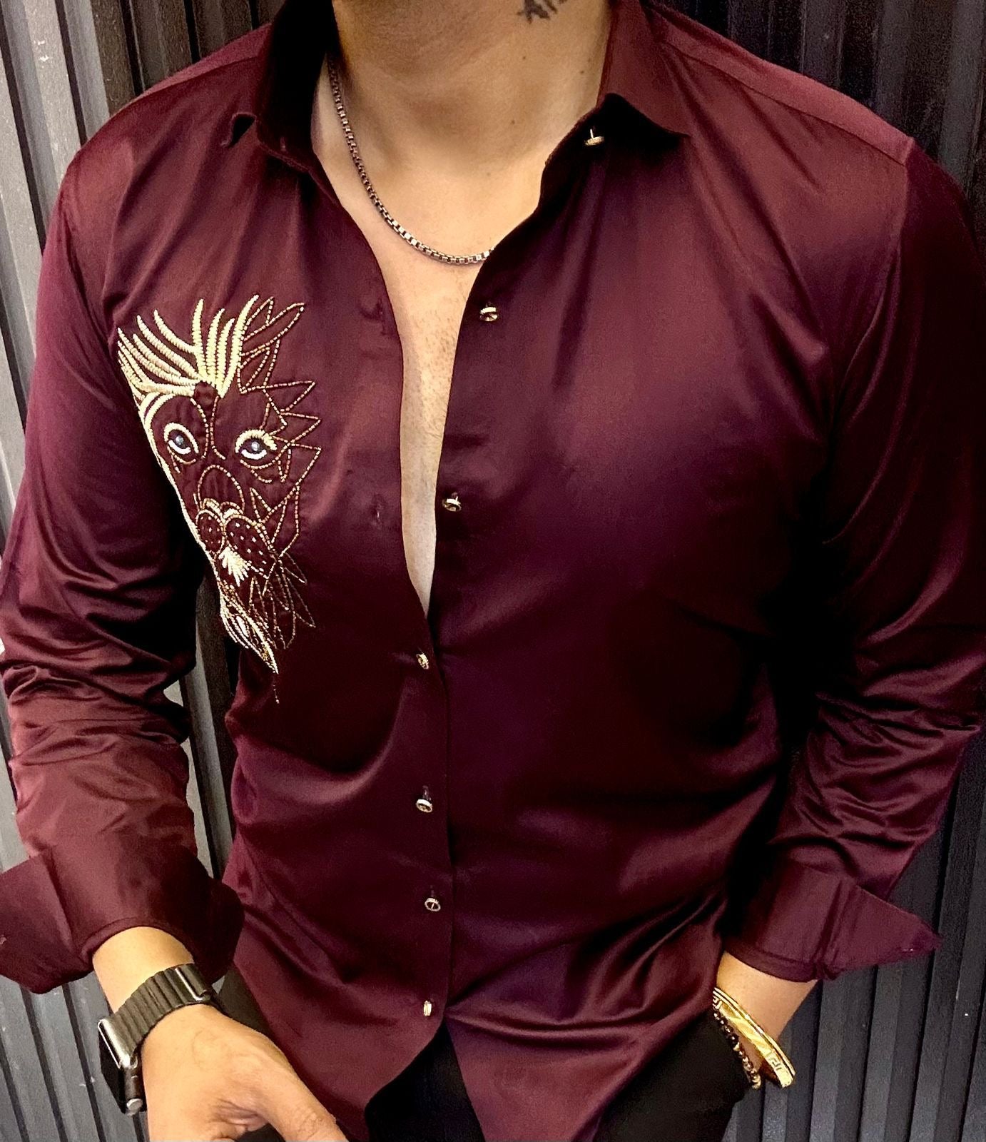 Dark Maroon Button-Up Shirt with Gold Embroidered Design – Branded Baba