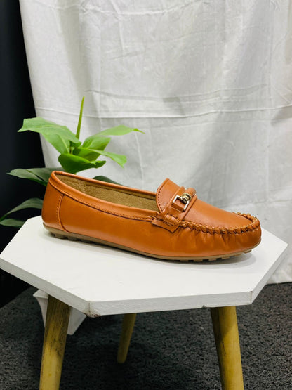Tan Round-Toe Loafers with Metal Accent