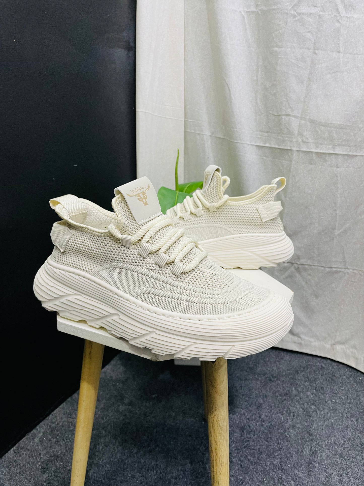 Trendy Off White Knitted Sneakers with Textured Sole - Branded Baba