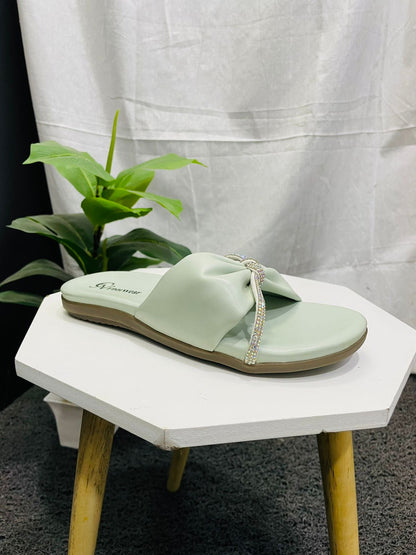 Mint Green Colour Bow Knotted Slides For Womenswear