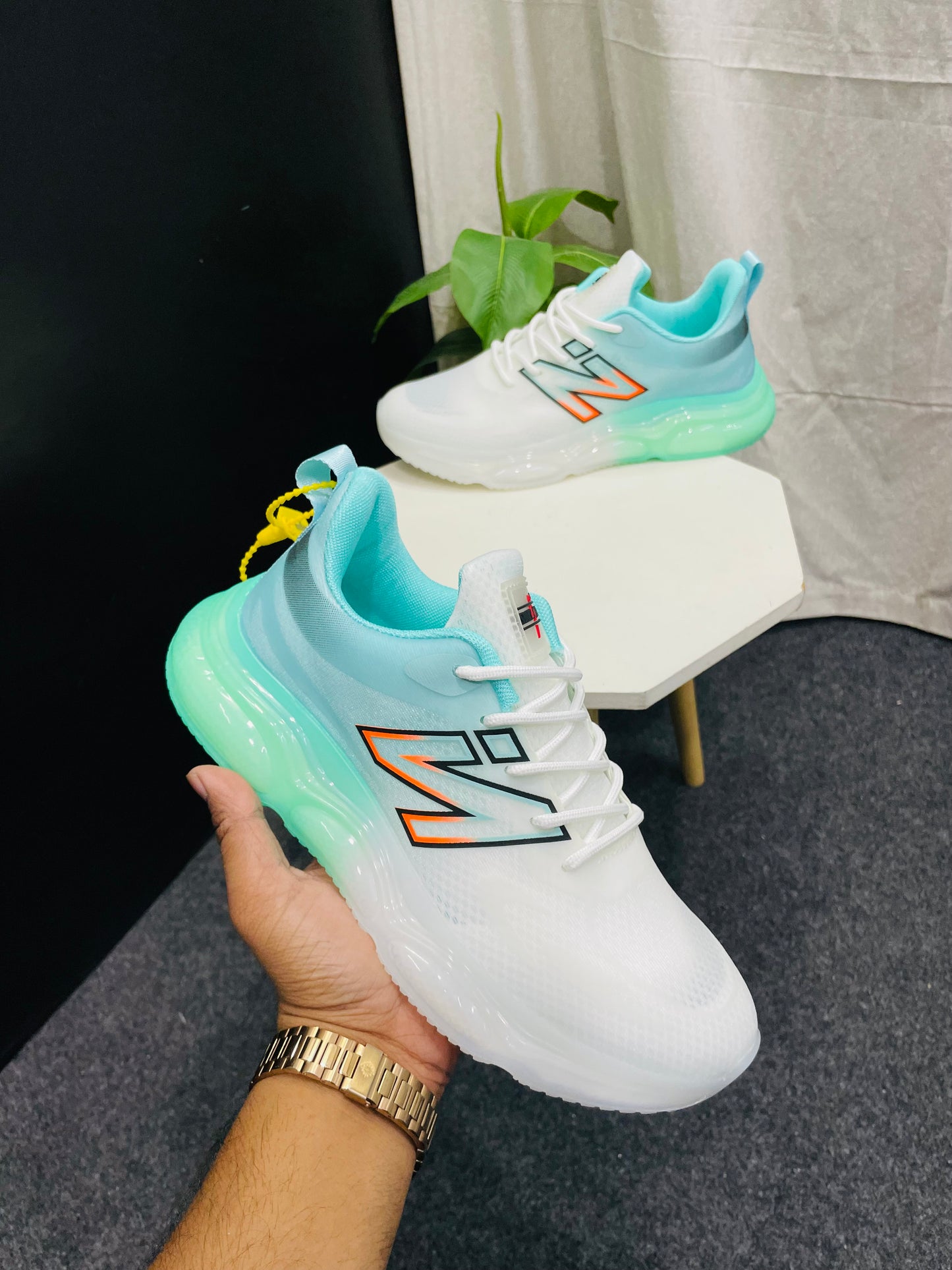 White and Turquoise Athletic Shoe with 'N’ Logo – Branded Baba