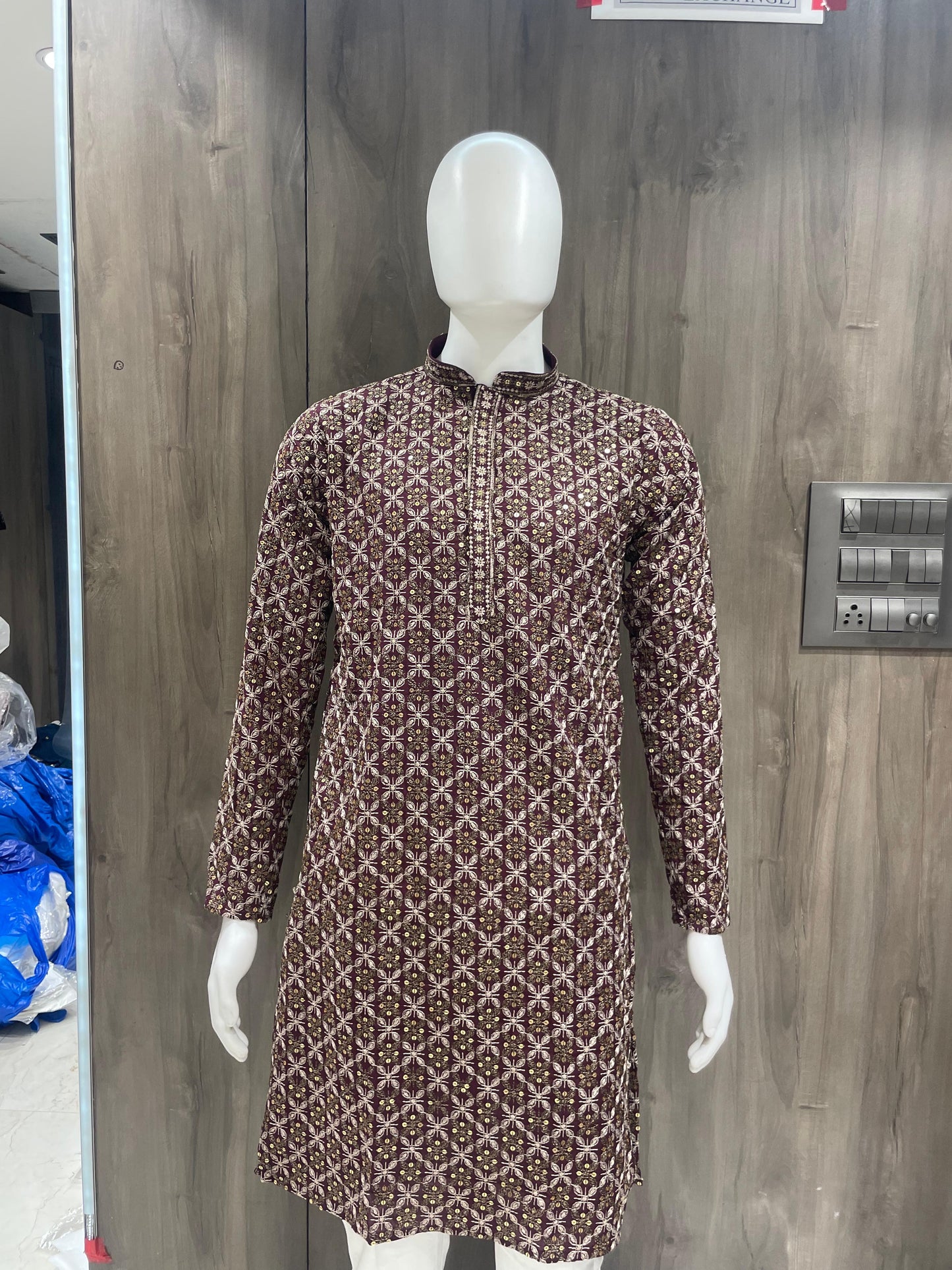 Wine Kurta with White and Gold Floral Designs – Branded Baba