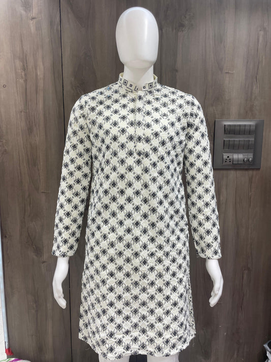 Geometric Pattern Kurta Pyjama Set with High Collar – Branded Baba