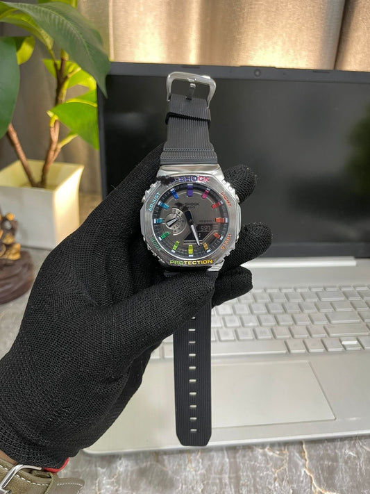 Men's Octagonal Rainbow Dial Watch with Metal Bezel