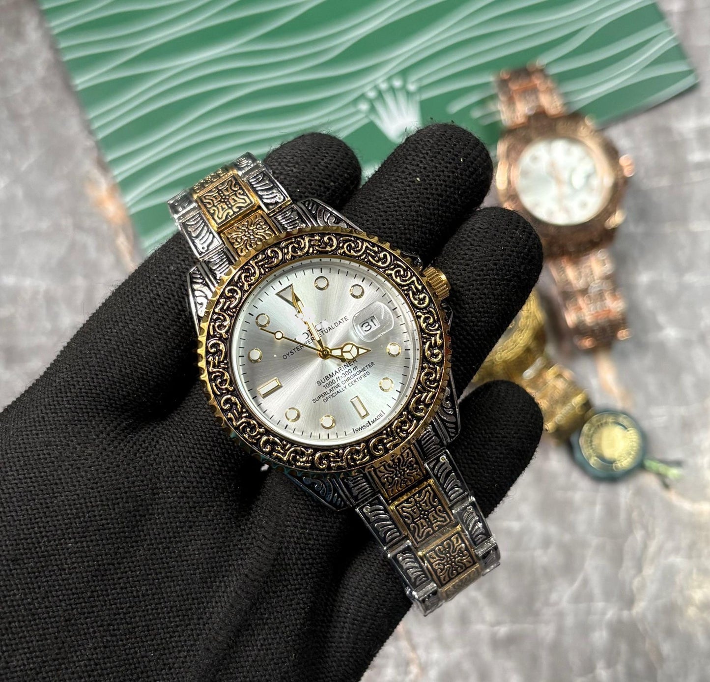 Ornate Engraving Automatic Men's Watch - Detailed Metal Bracelet Custom Edition