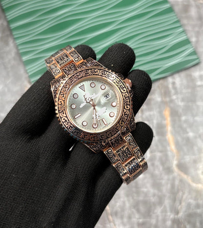 Ornate Engraving Automatic Men's Watch - Detailed Metal Bracelet Custom Edition
