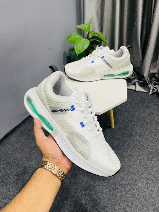 Men's White Cushioned Running Shoes - Green Air Sole Lightweight Trainers
