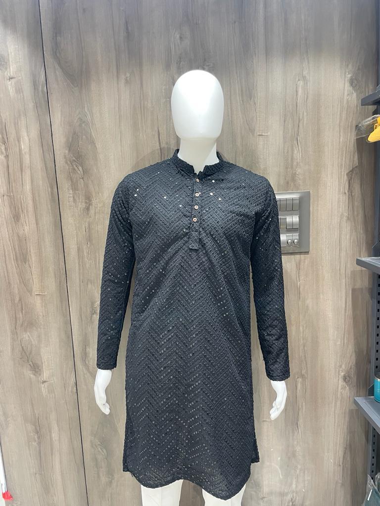 Traditional Indian Men's Kurta with Chikankari Embroidery, Men's Ethnic Wear: Embroidered Kurta with Motifs