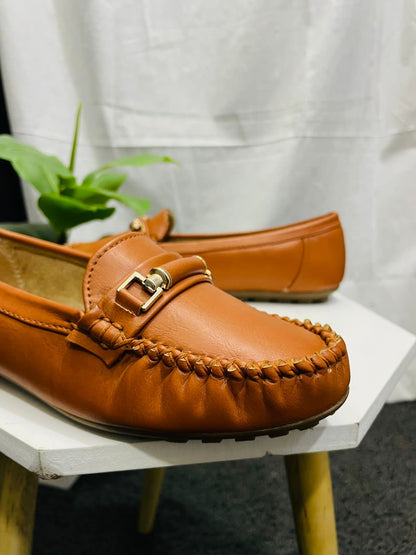 Tan Round-Toe Loafers with Metal Accent