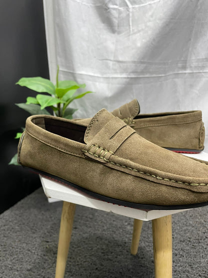 Olive Green Colour Penny Slot Suede Leather Men’s Semi Formal Loafers For Casual Formal Wear