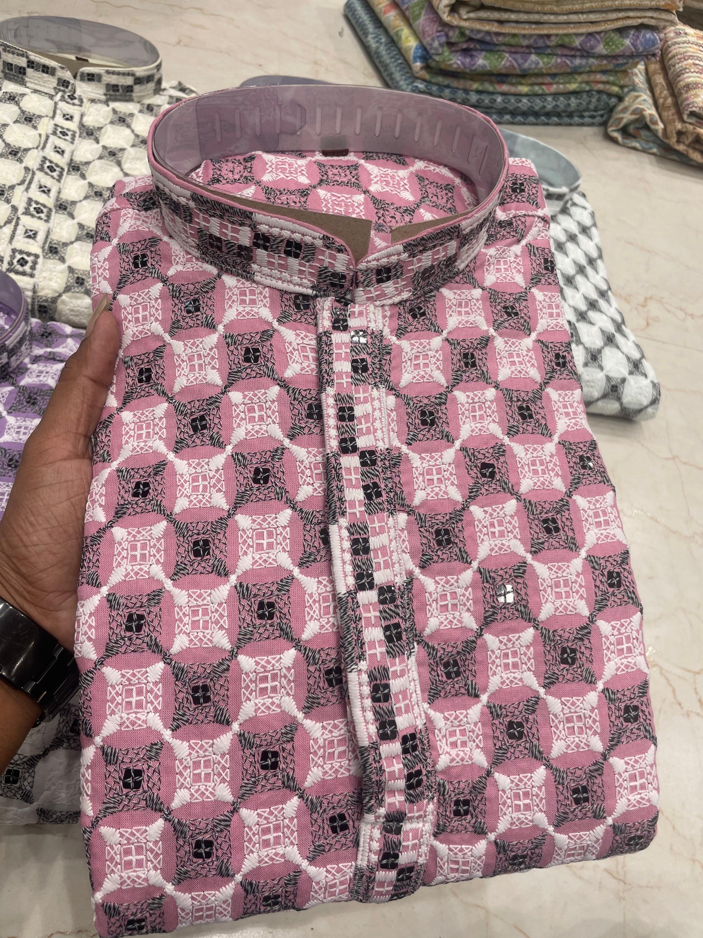 Pink and Black Geometric Kurta with Stand-Up Collar – Branded Baba