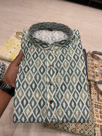 Green and White Geometric Pattern Kurta – Branded Baba