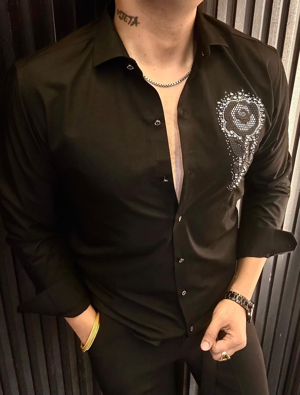 Men's Grey Embroidered Rose Shirt