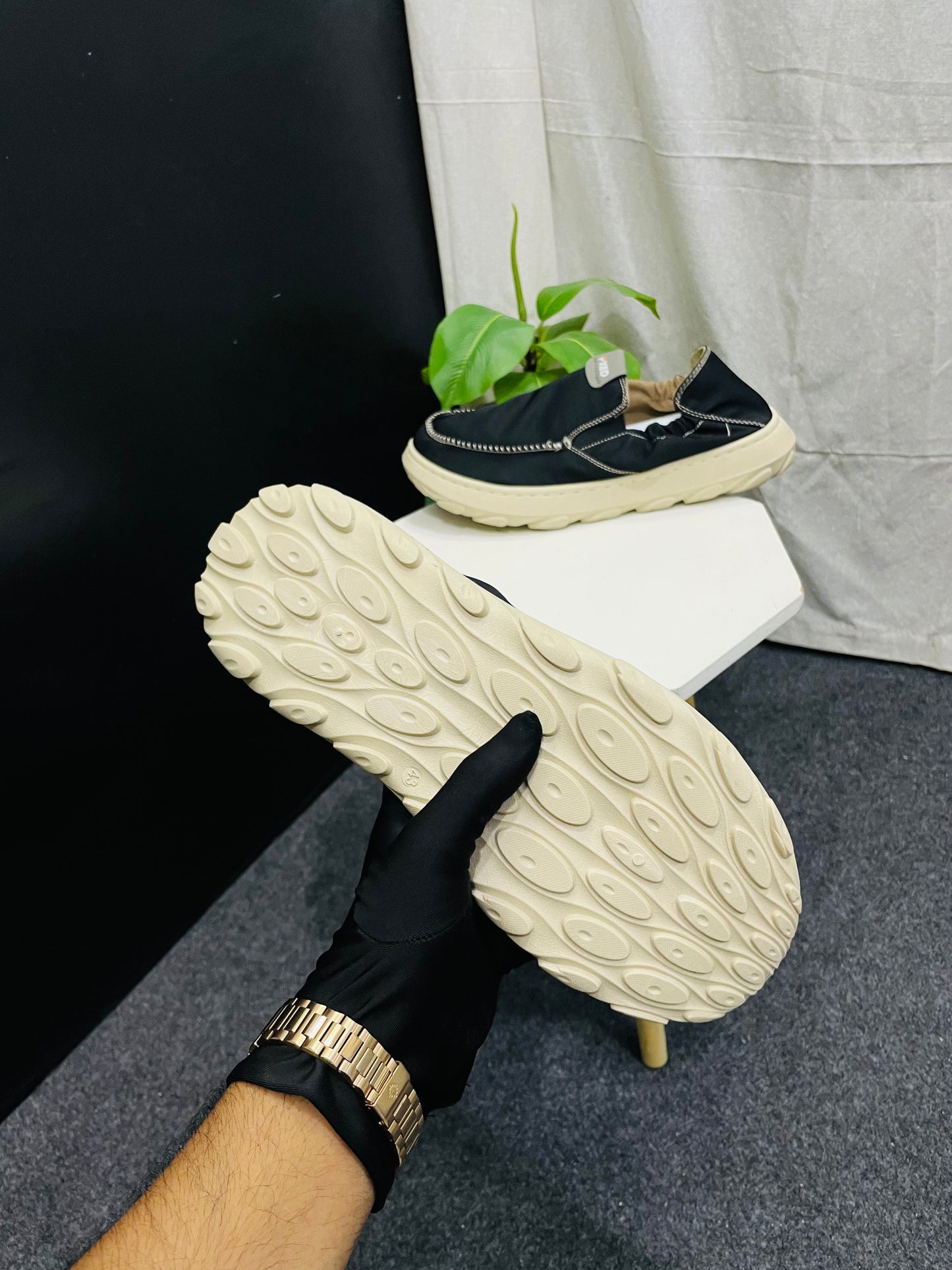 Black Slip-On Shoes with White Stitching and Off-White Sole – Elegant and Versatile