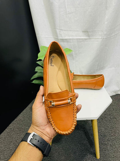 Tan Round-Toe Loafers with Metal Accent