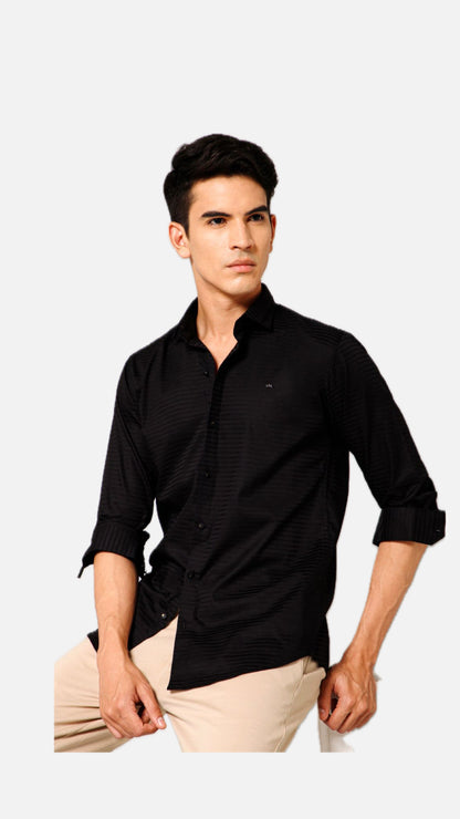 Men Black Skinny Fit Striped Pure Cotton Casual Shirt