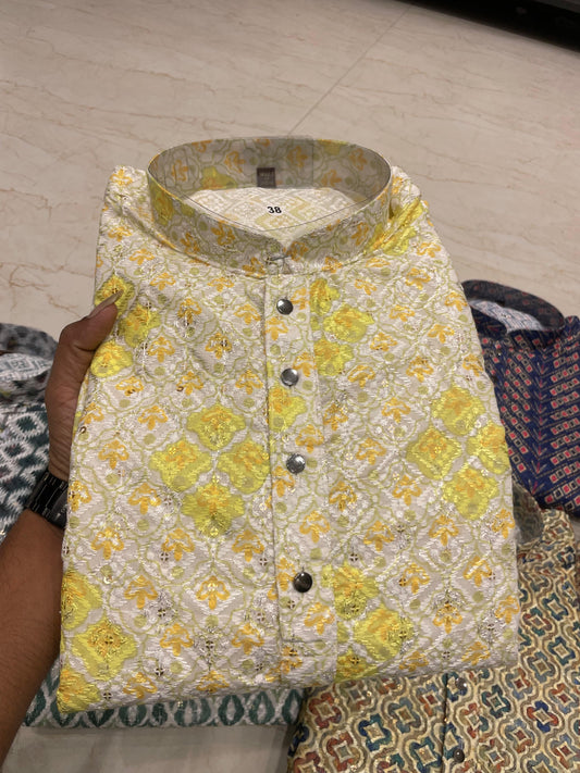 Yellow and White Floral Geometric Pattern Kurta – Branded Baba