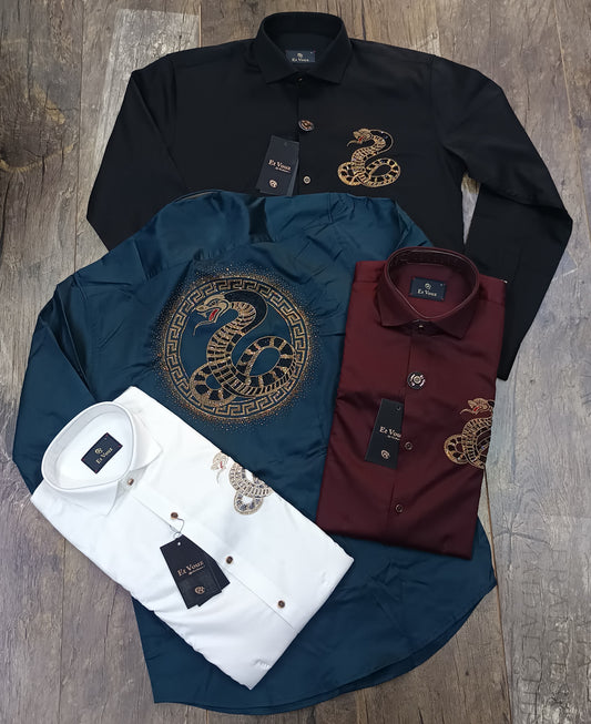 Premium Snake Embroidery Men’s Long Sleeve Shirt – Party & Clubwear Fashion
