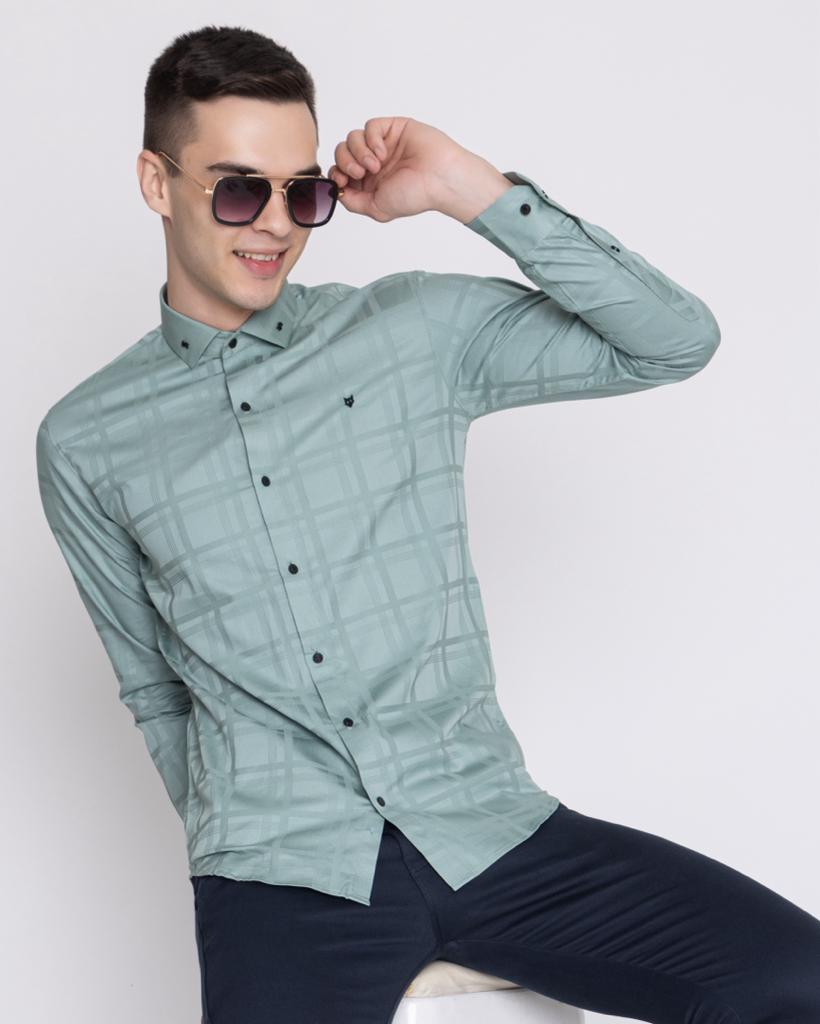 Men’s Green Satin Shirt With Check Textured