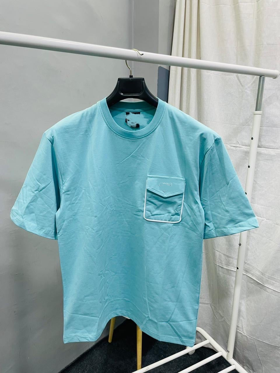 Men’s Drop Shoulder Crew-Neck Flap Pocket Lemon Sky Blue T-Shirt