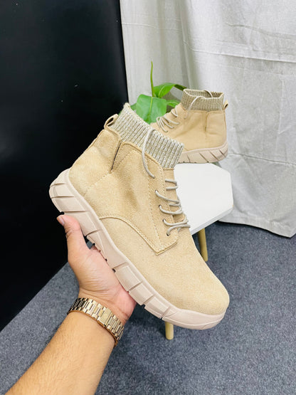 Beige High-Top Sneakers with Knitted Ankle Cuff – Branded Baba