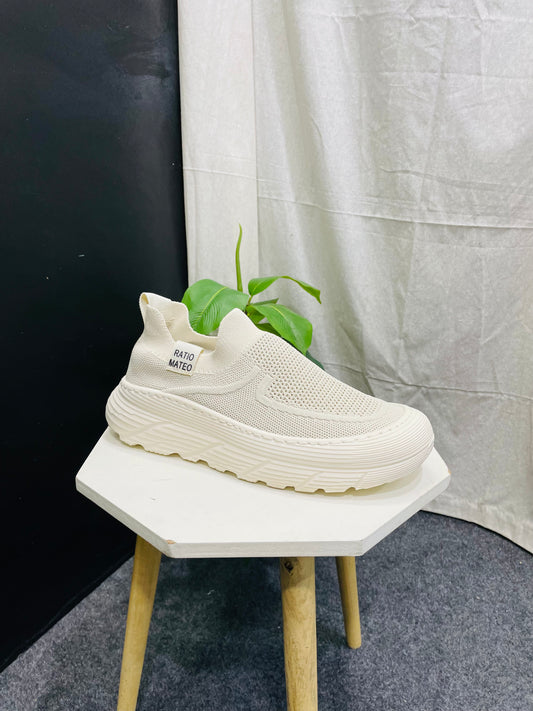 Beige Knitted Sneakers with Thick Textured Sole – Modern and Comfortable