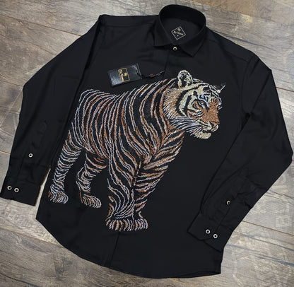 Luxury Tiger Print Rhinestone Shirt for Men – Premium Designer Party & Club Wear Shirt