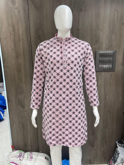 Pink and Black Geometric Kurta with Stand-Up Collar – Branded Baba