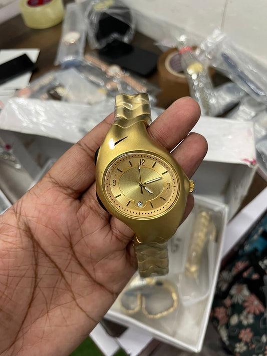 Men's Unique Gold-Tone Asymmetrical Watch - Sculpted Case & Bracelet