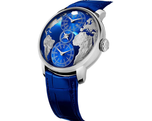 Luxury World Time Map Watch with Blue Alligator Strap