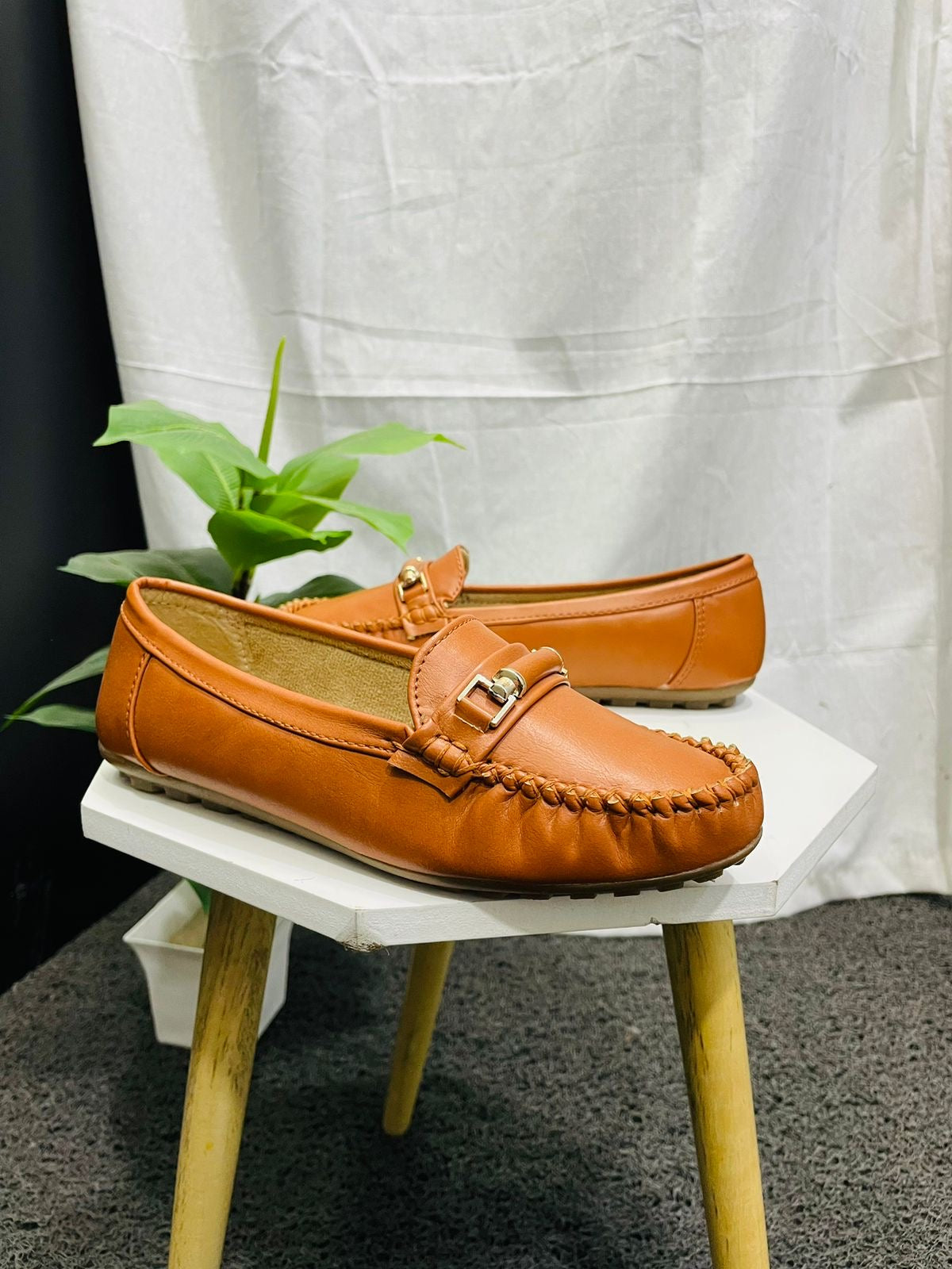 Tan Round-Toe Loafers with Metal Accent