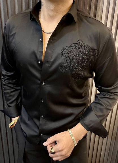 White Button-Up Shirt with Black Roaring Tiger Graphic – Branded Baba