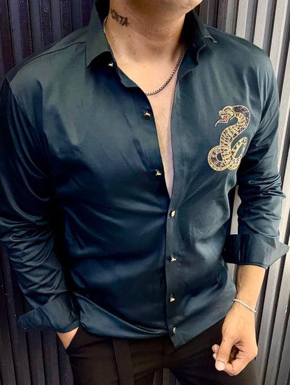 Satin Finish Men's Party Shirt with Gold Snake Design | Slim Fit Nightclub Wear
