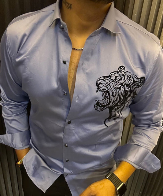 Light Blue Shirt with Black Embroidered Tiger Design – Branded Baba