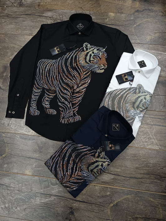 Luxury Tiger Print Rhinestone Shirt for Men – Premium Designer Party & Club Wear Shirt