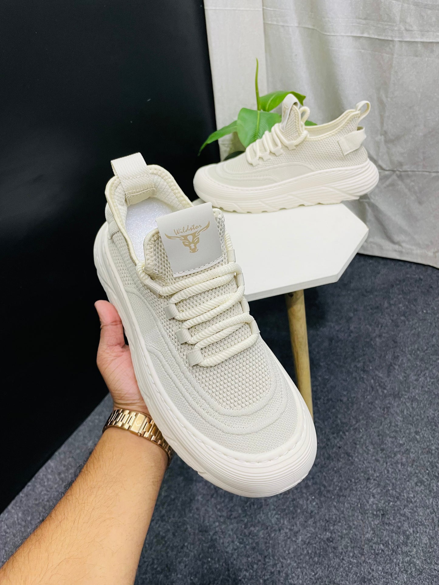 Trendy Off White Knitted Sneakers with Textured Sole - Branded Baba