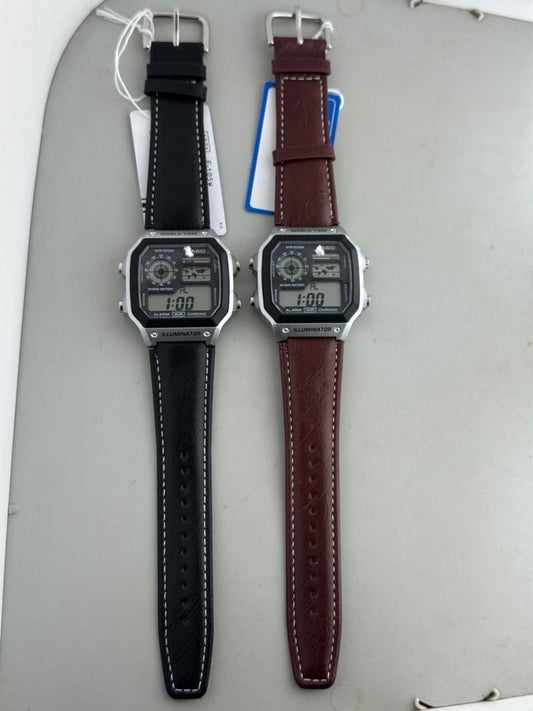 Retro World Time Digital Watch - Illuminator with Leather Strap