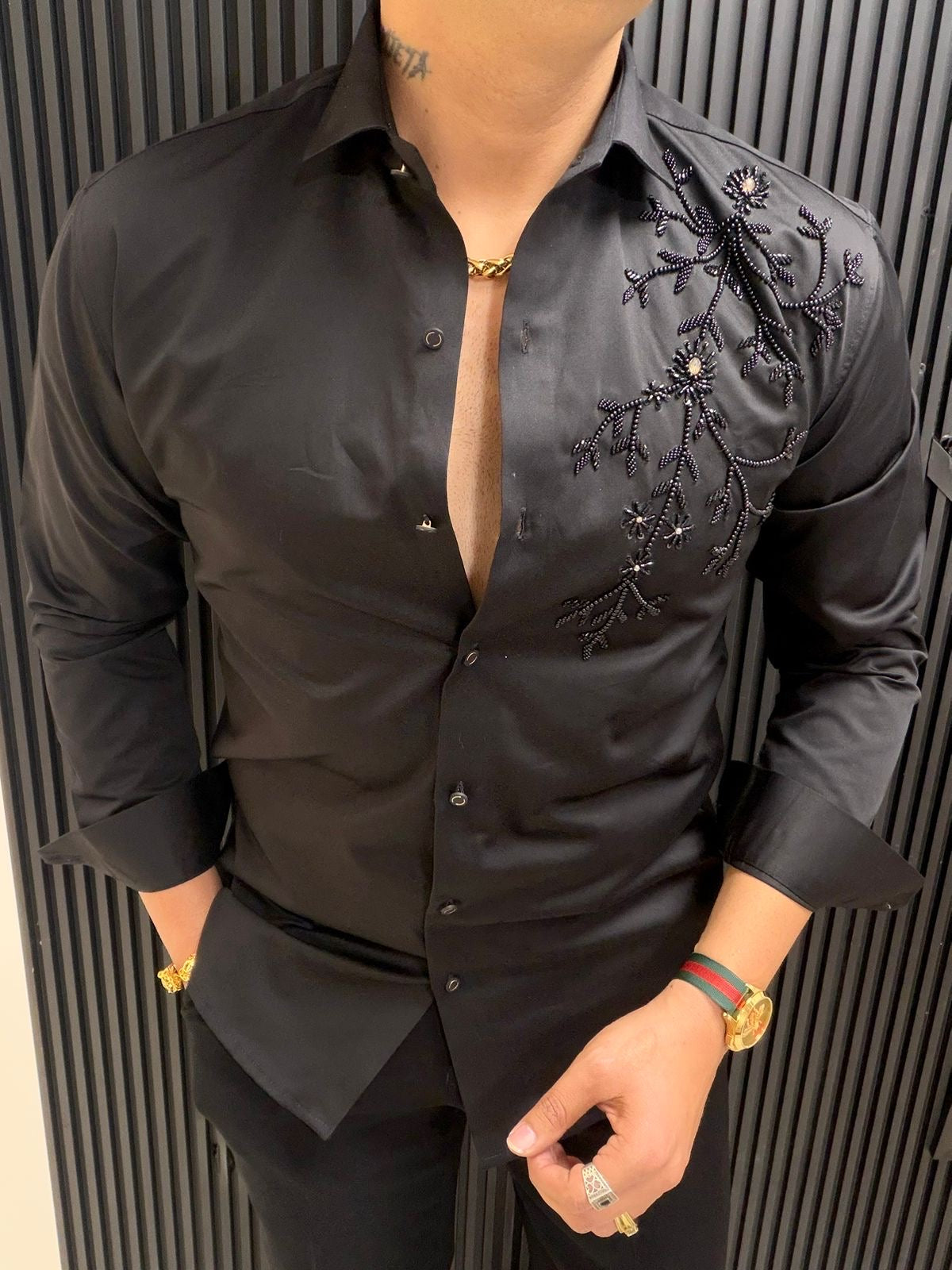 Men’s Luxury Black Embroidered Shirt – Premium Designer Party & Cocktail Wear Slim Fit