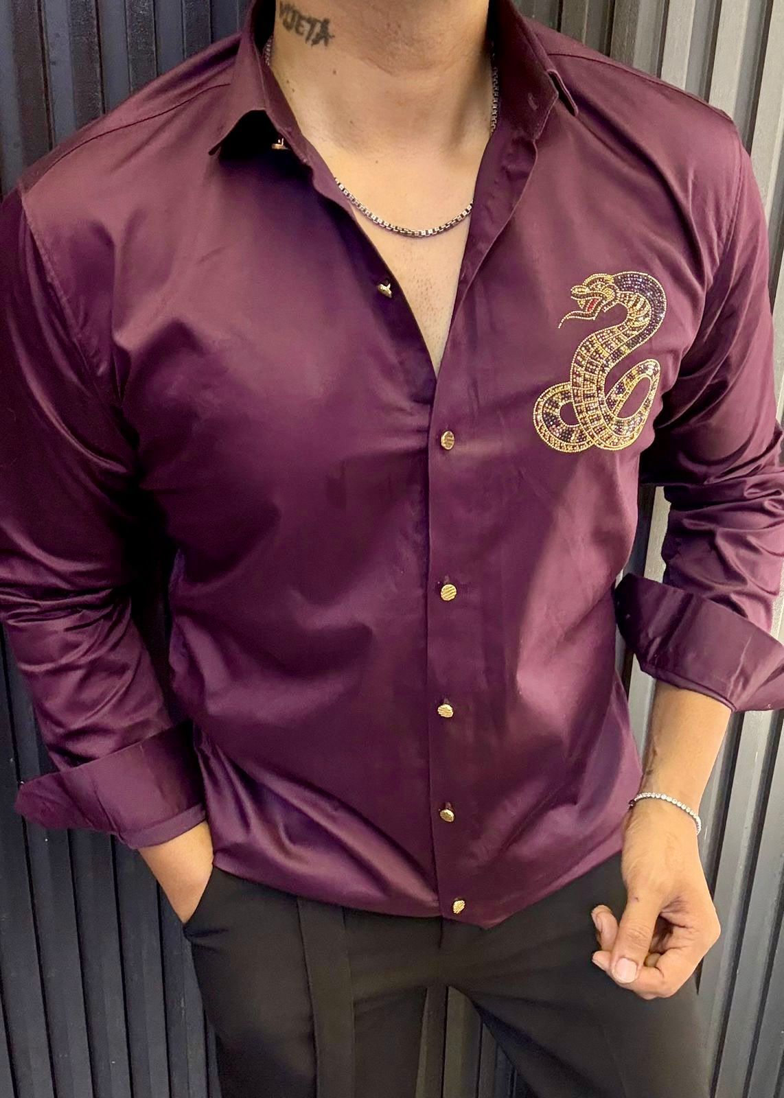 Satin Finish Men's Party Shirt with Gold Snake Design | Slim Fit Nightclub Wear