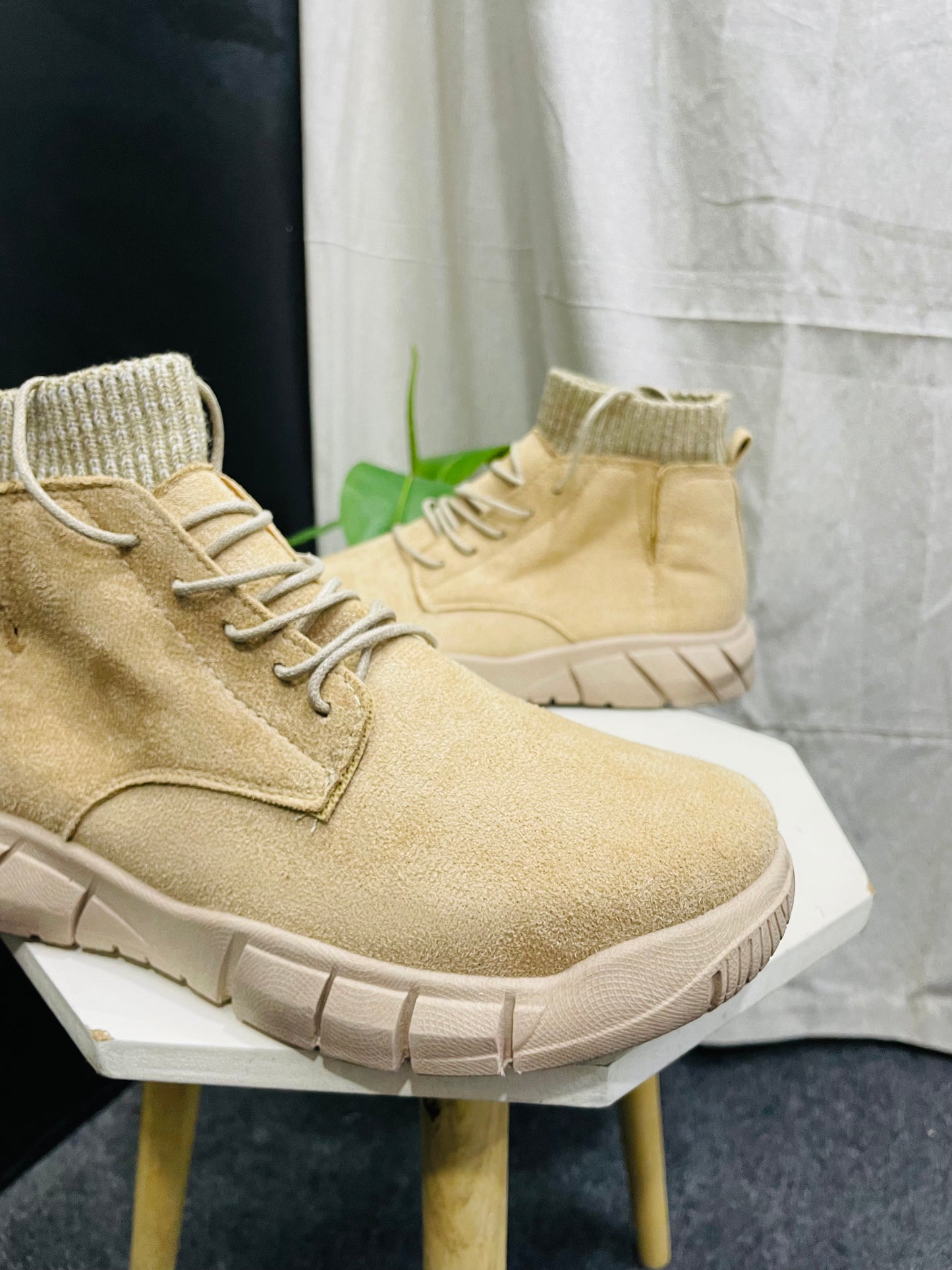 Beige High-Top Sneakers with Knitted Ankle Cuff – Branded Baba