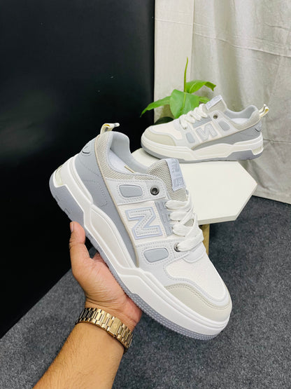 Modern White, Beige, and Gray Sneaker with Mesh Upper and Leather Overlays - Branded Baba