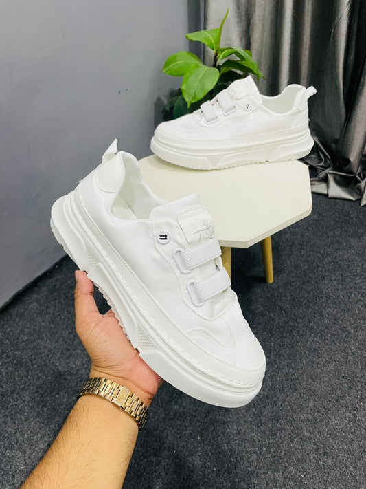 Men's All-White Chunky Sneakers - Trendy Velcro Strap Casual Shoes